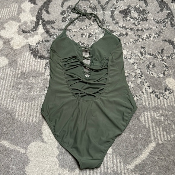 Francesca’s Swim Olive Green Lace Up Floral Embroidered One Piece Swim Suit - Picture 3 of 8